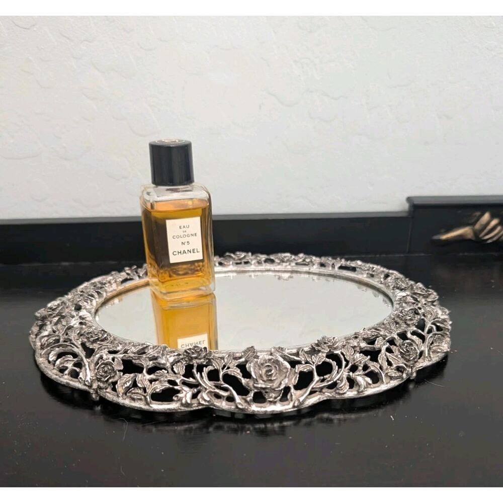 Silver Plate Vintage Vanity Mirror 10 X 8" Roses 1950's